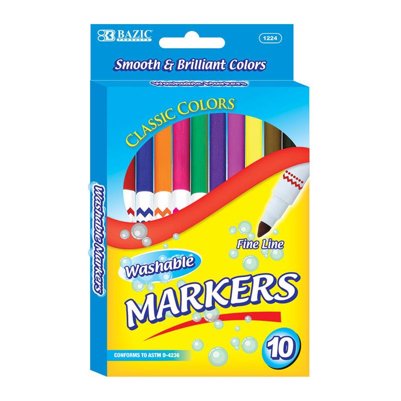 BAZIC 10 Color Super Tip Washable Markers #1224