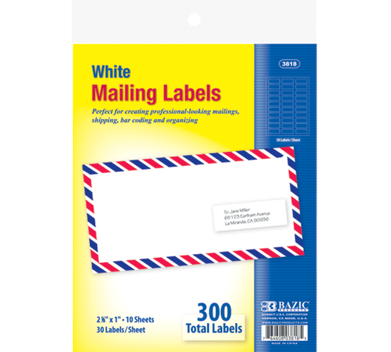 BAZIC 1" X 2 5/8" White Address Labels (300/Pack) 381824