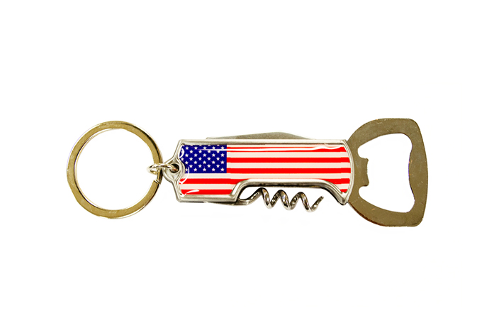 Corkscrew Bottle Opener Keychain (USA FLAG)