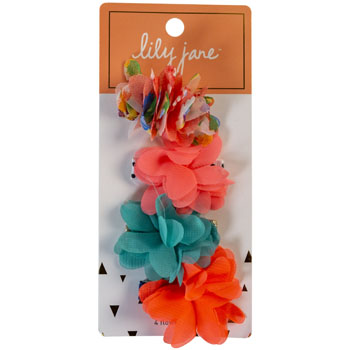 HAIR CLIP 4PK CHIFFON BRIGHT FLORAL POOFS LILY JANE STOCKLOT #903452