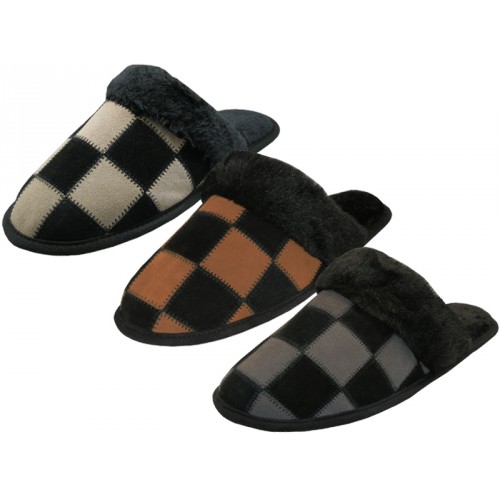 ''Men's Leather Suede Upper Square Patch With Faux fur Cuff House SLIPPERS ( Asst. Gray, Beige And Lt