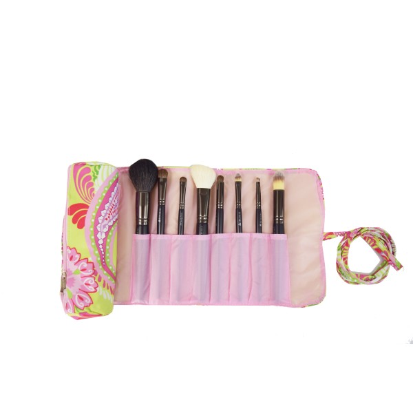 2 Pcs Set Brush Rolling Organizer Cosmetic Bag Pink Green FLOWER