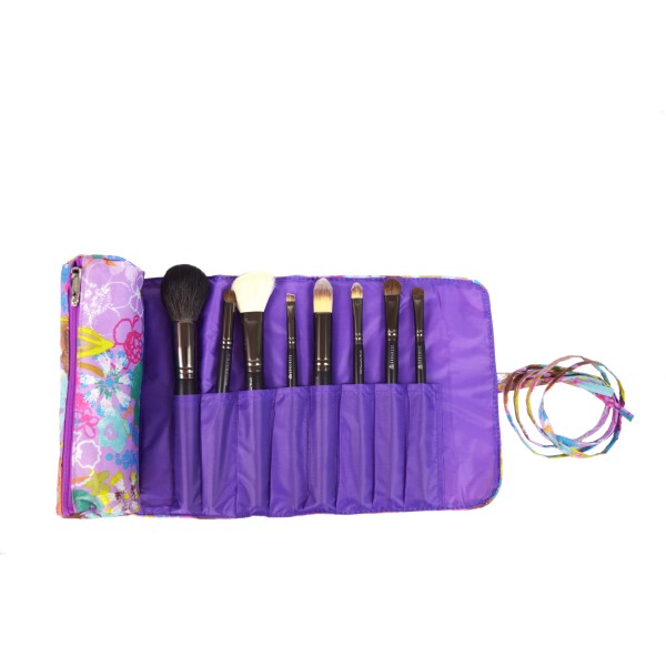 3 Pcs Set Brush Rolling Organizer Cosmetic Bag Purple FLOWER